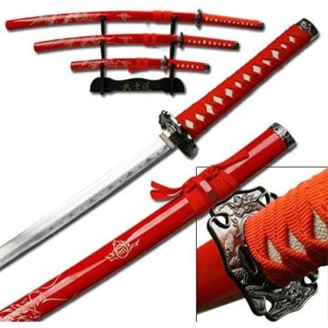 Black And Red Japanese Katana Sword Set